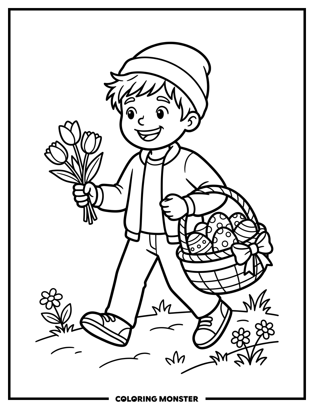 Boy With Easter Eggs and Tulips Coloring Page