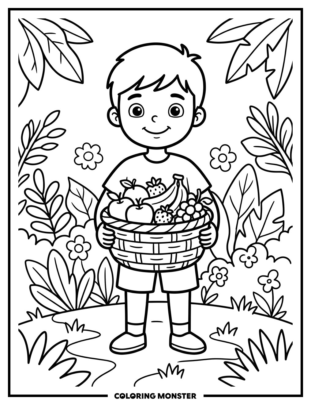 Boy With Fruit Basket Coloring Page