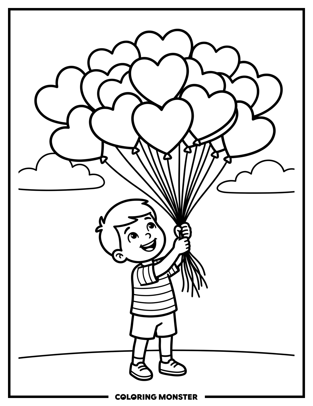 Boy With Heart Balloons Coloring Page
