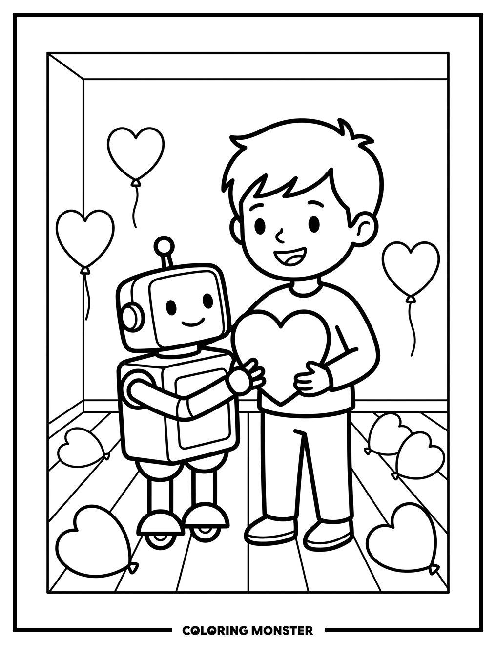 Boy With Heart Robot Coloring Page