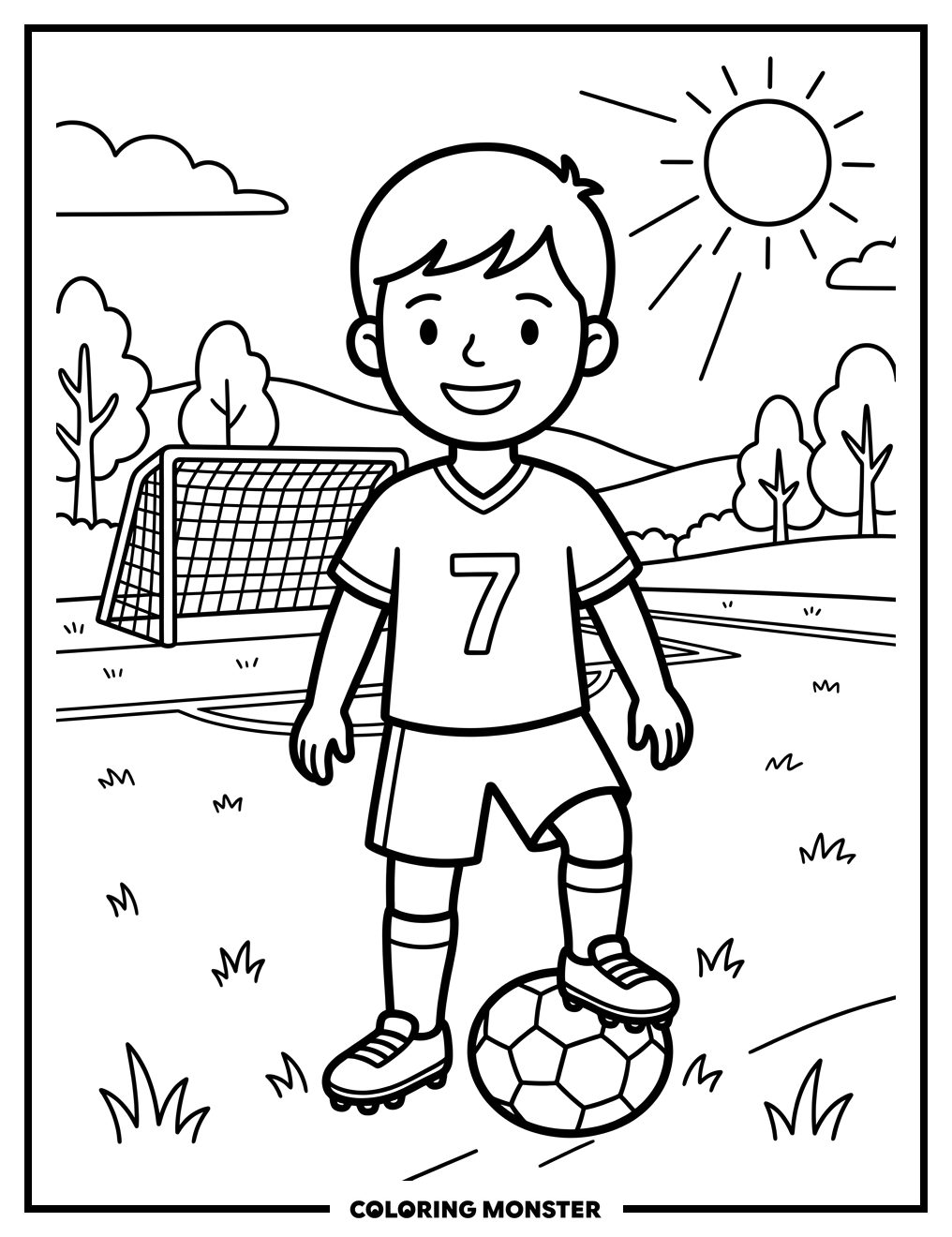 Boy with Soccer Ball on Field Coloring Page