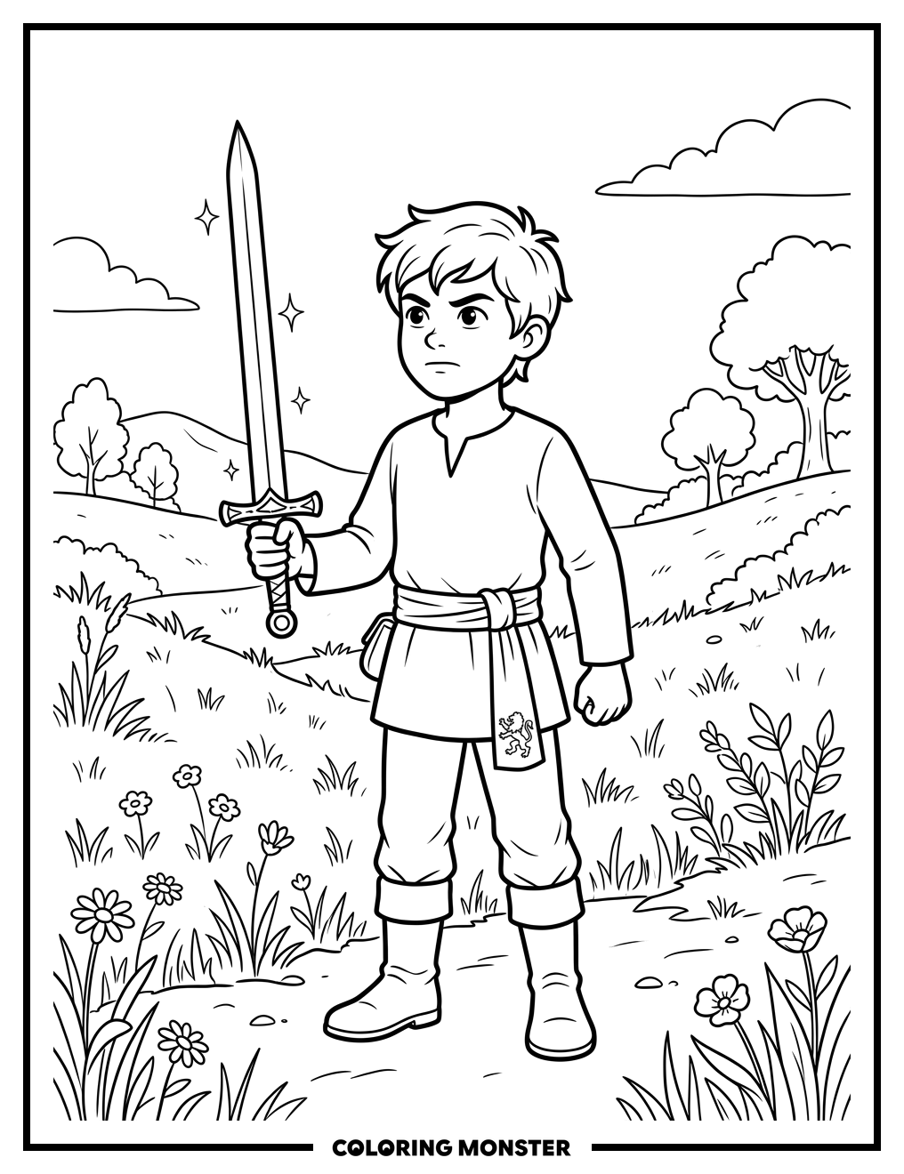 Boy with Sword in Grassy Field Coloring Page