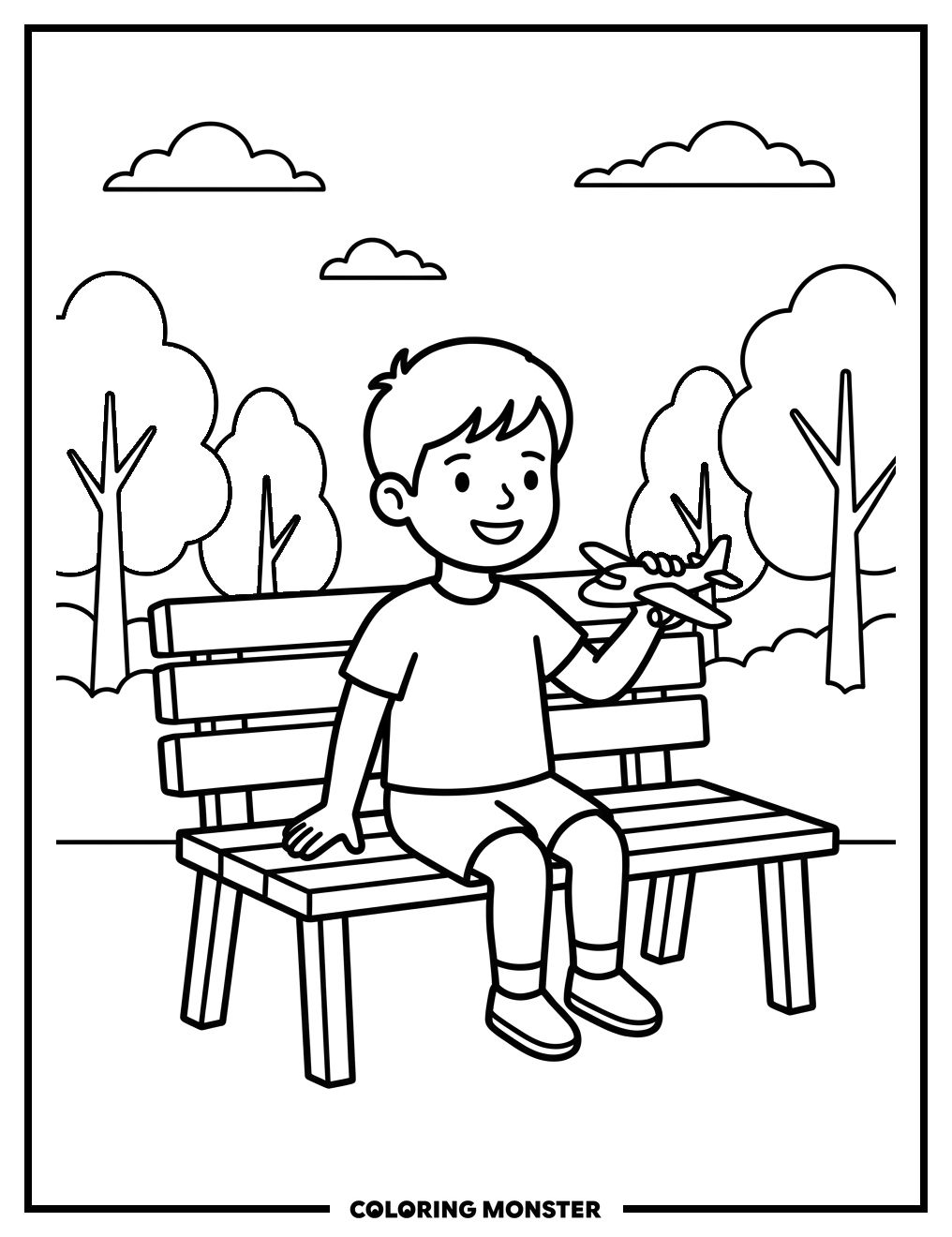 Boy with Toy Airplane in Park Coloring Page