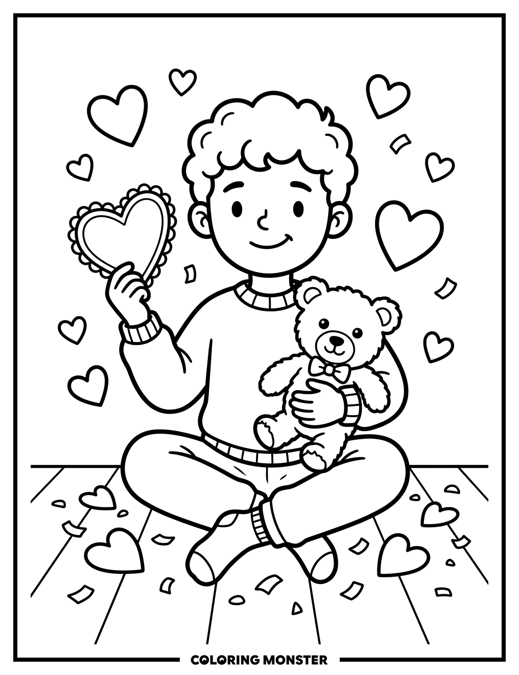 Boy With Valentine Card and Teddy Bear Coloring Page