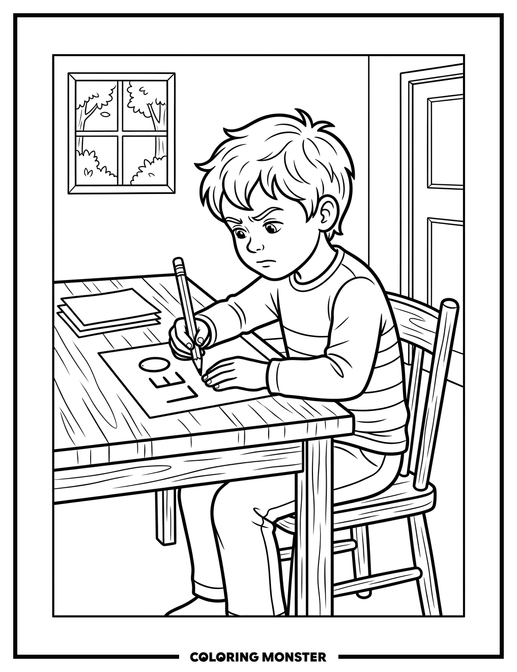 Boy Writing His Name Coloring Page
