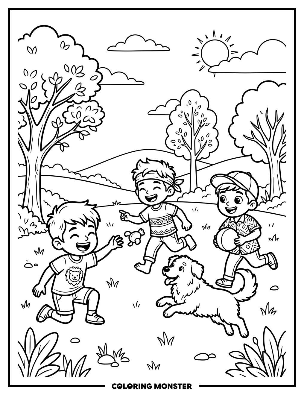 Boys And Dog Play In Sunny Park Coloring Page