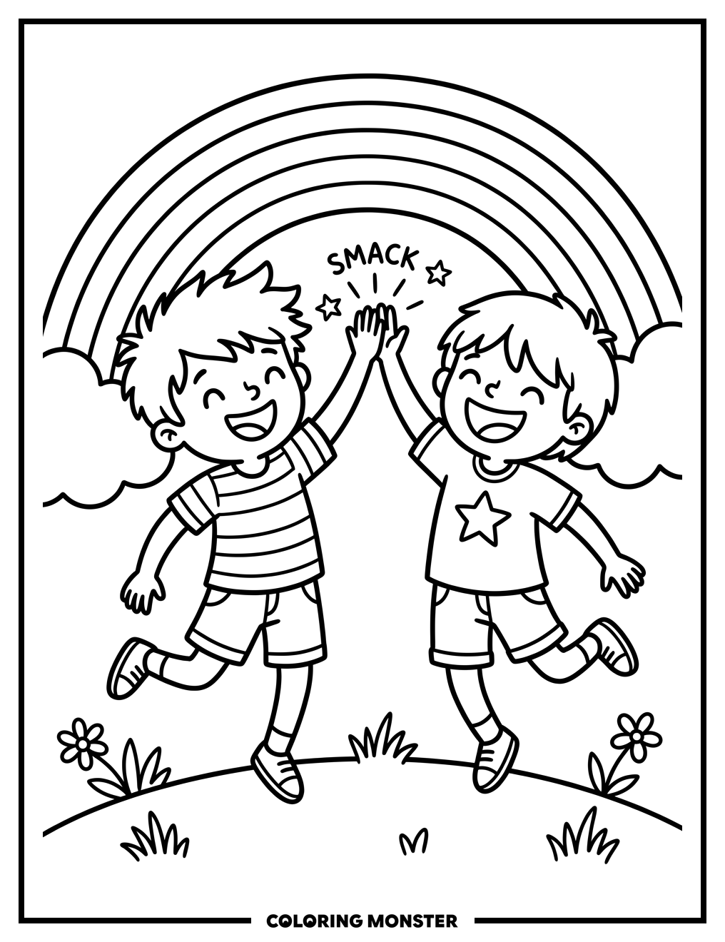 Boys High-Fiving Under Rainbow Coloring Page