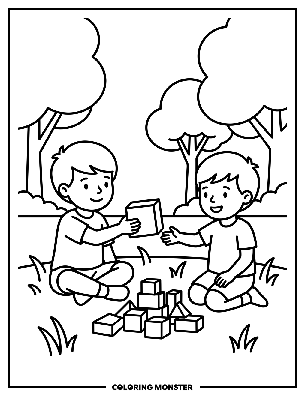 Boys Playing With Building Blocks Coloring Page