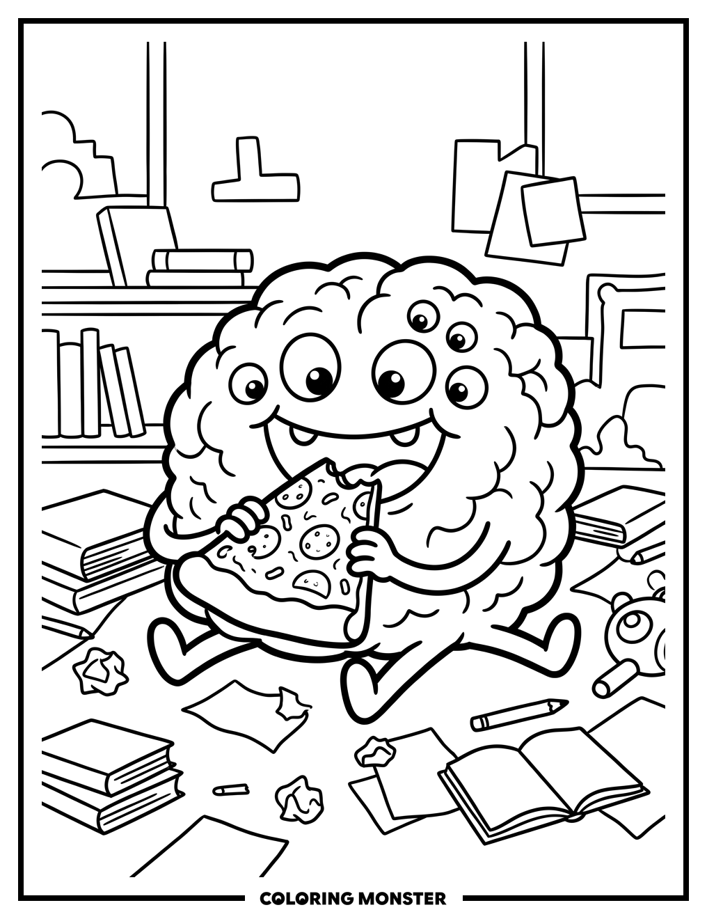 Brain Monster Eating Pizza Coloring Page
