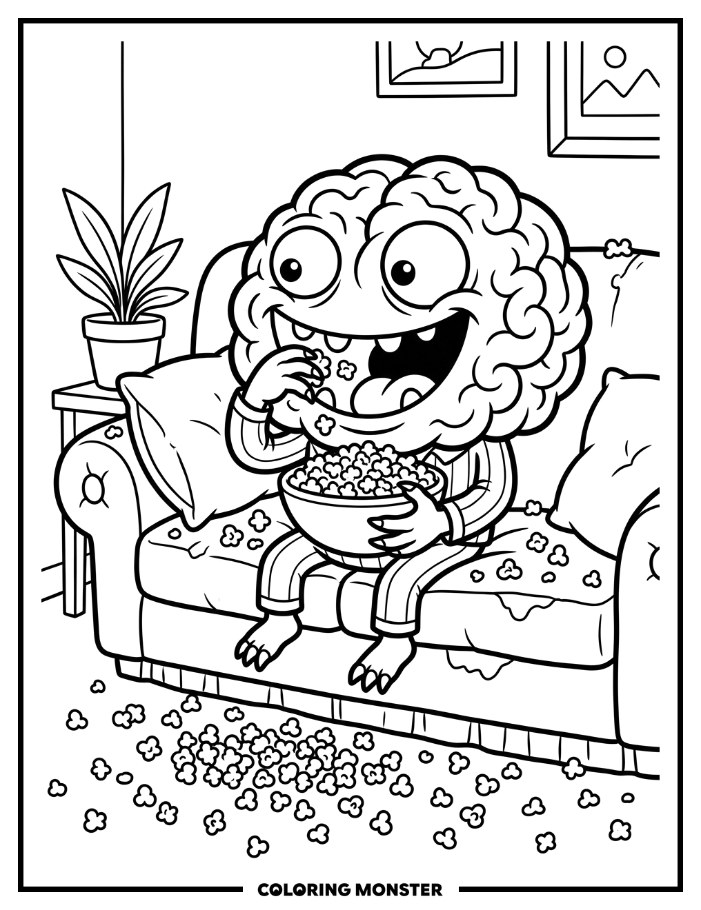 Brain Monster Eating Popcorn Coloring Page