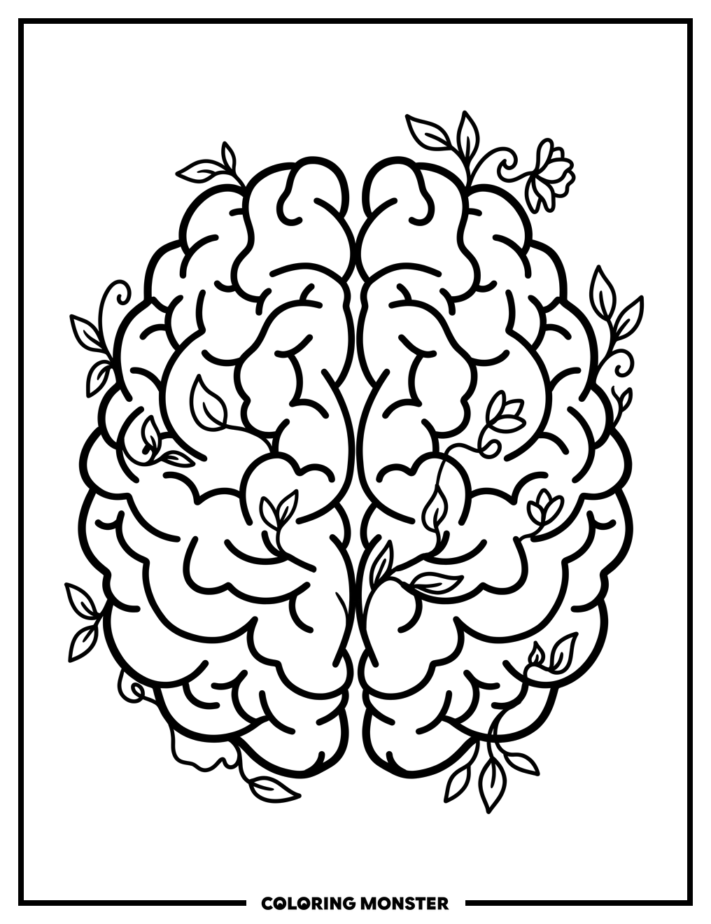 Brain with Leaves and Flowers Coloring Page