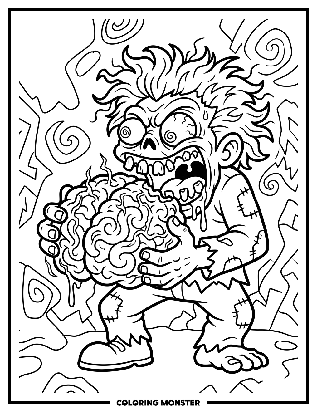 Brainrot Character Devours Glowing Brain Coloring Page