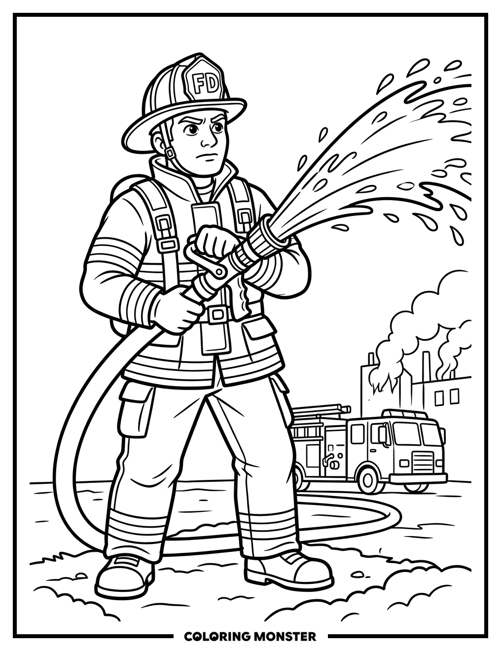 Brave Firefighter With Hose Coloring Page