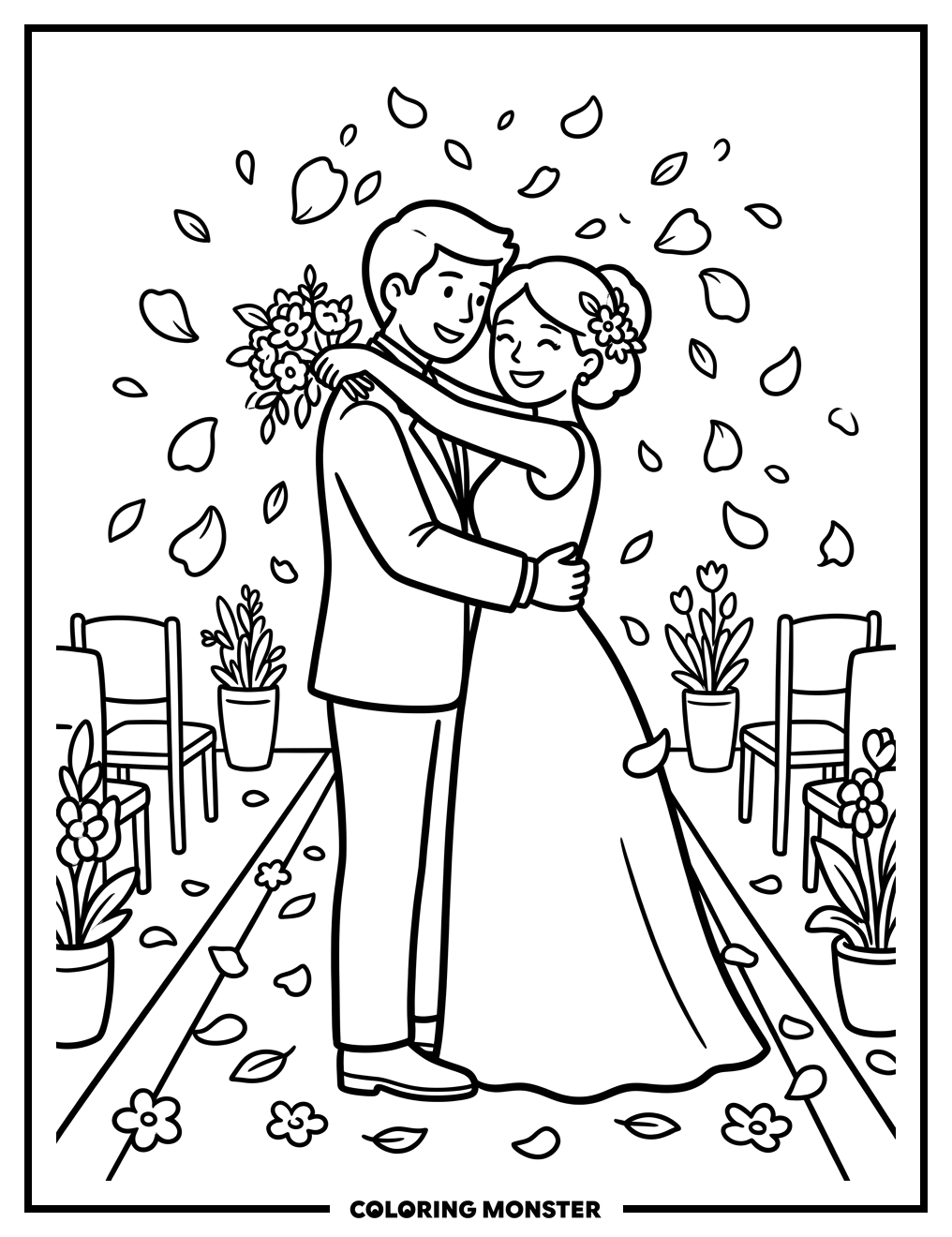 Bride and Groom Embrace Coloring Page