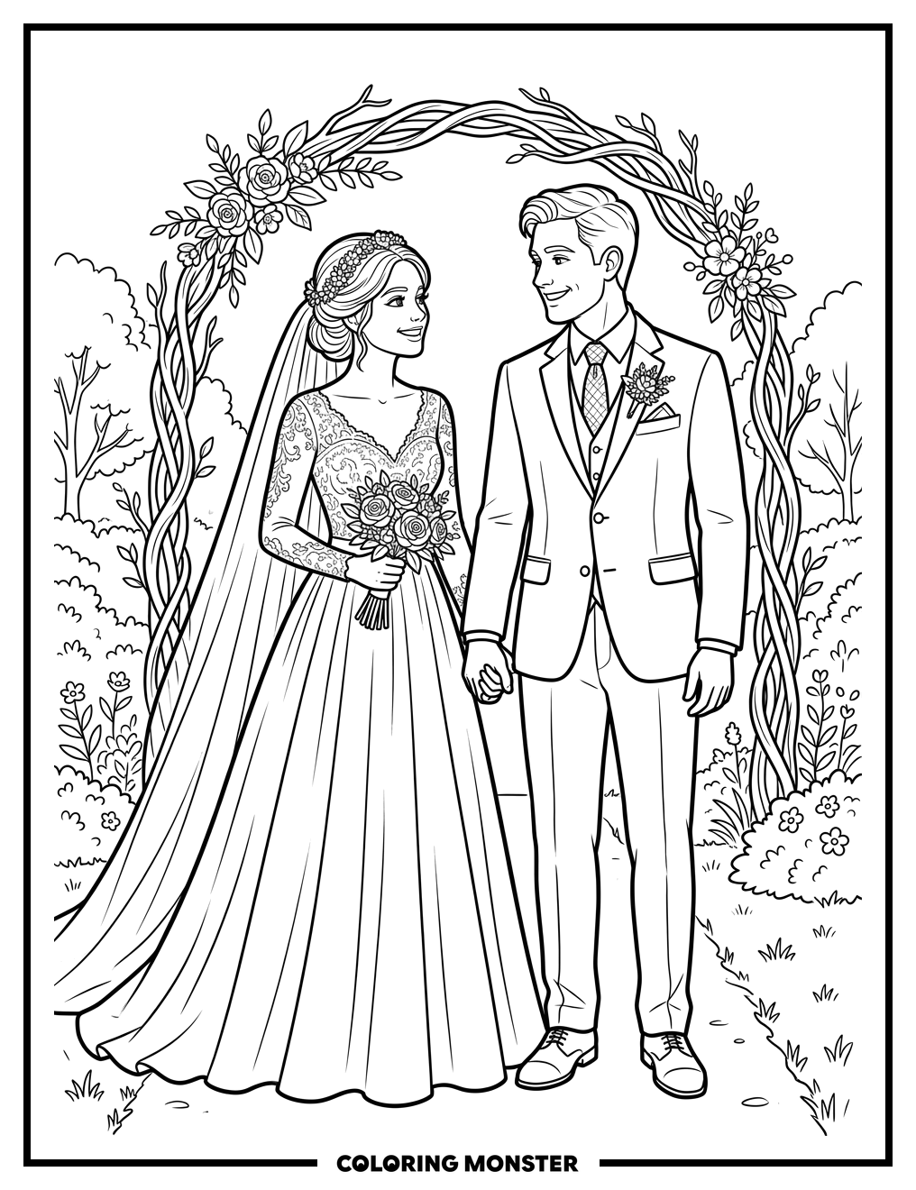 Bride and Groom Holding Hands Coloring Page