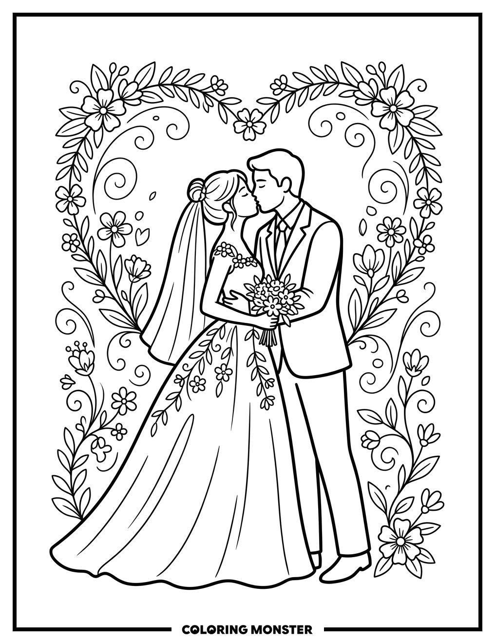 Bride and Groom Kissing Coloring Page