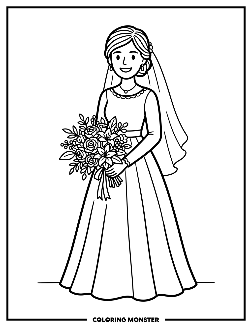 Bride Holding Flower Bouquet Coloring Page