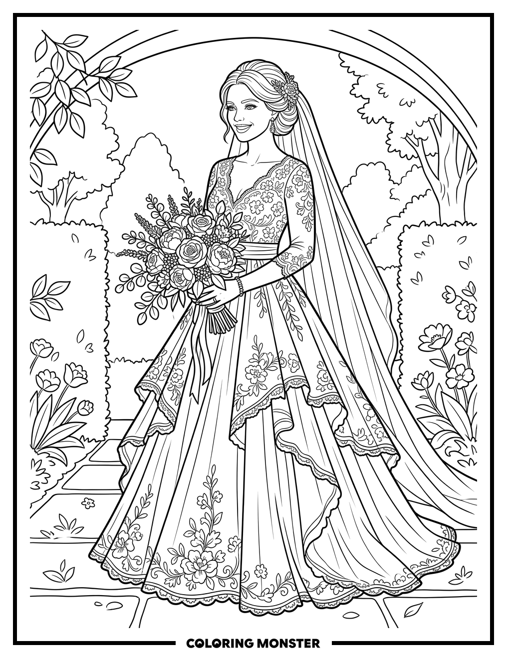 Bride in Flowing Wedding Dress Coloring Page