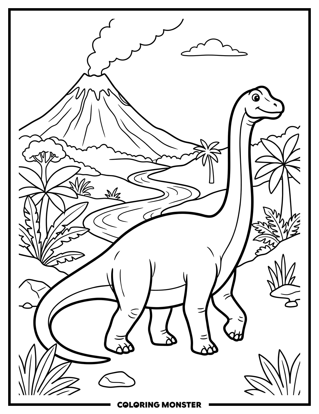 Brontosaurus Beside a Volcano Coloring Page