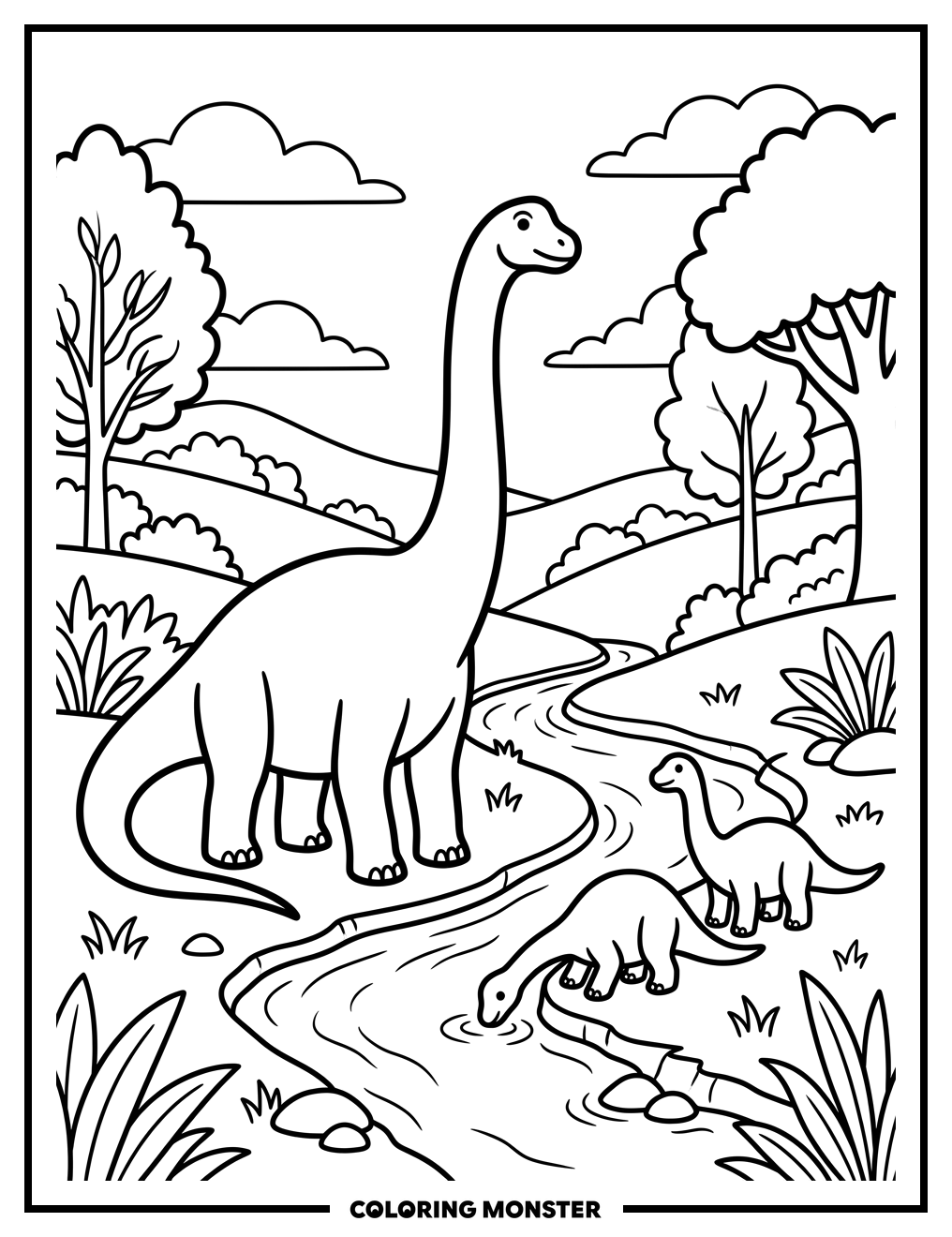 Brontosaurus Family by the Stream Coloring Page