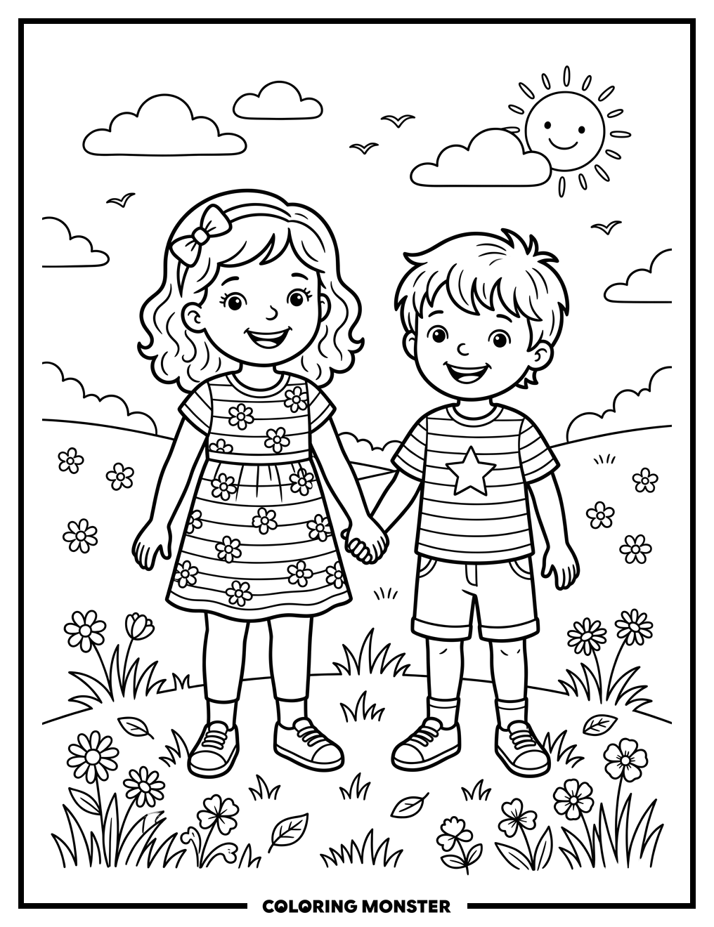 Brother and Sister Holding Hands Coloring Page