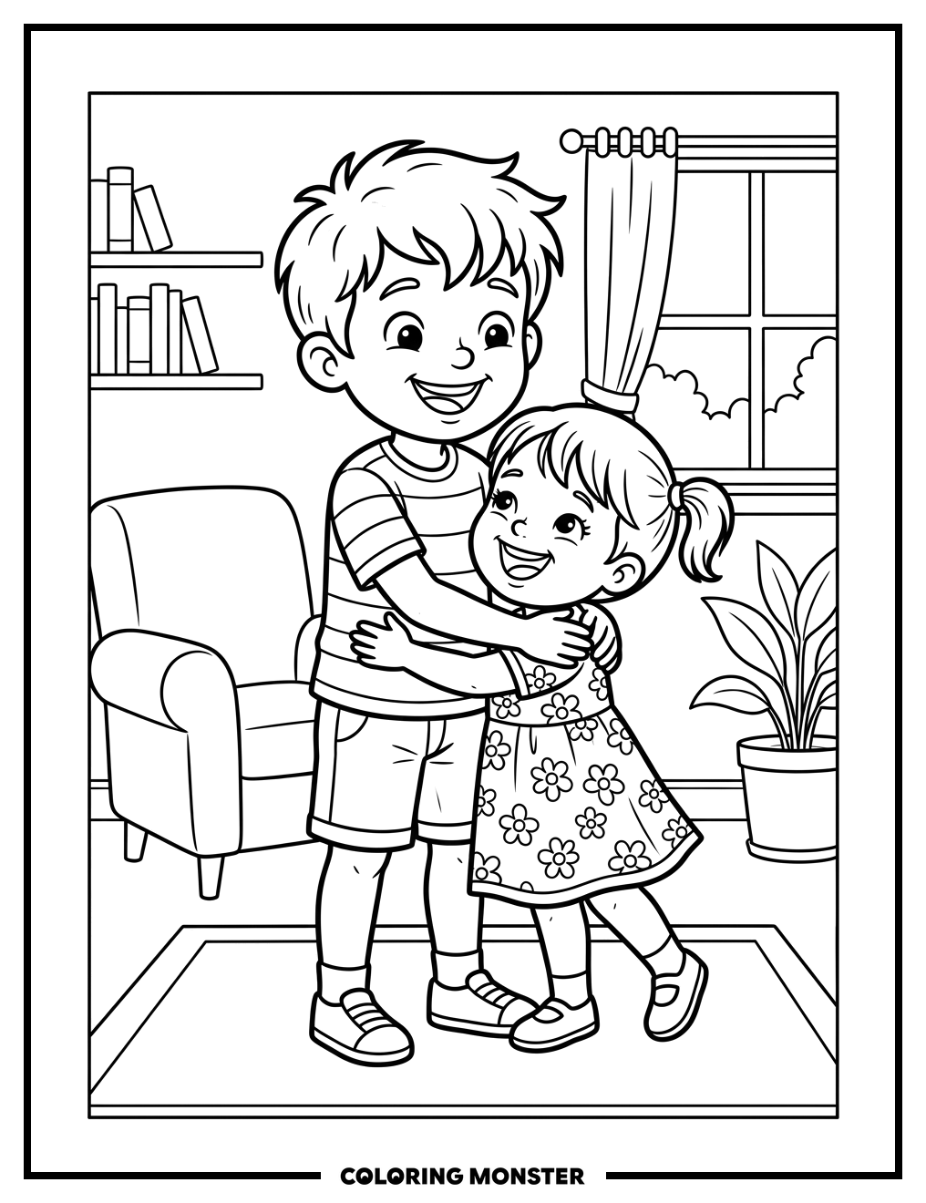 Brother and Sister Hug Coloring Page
