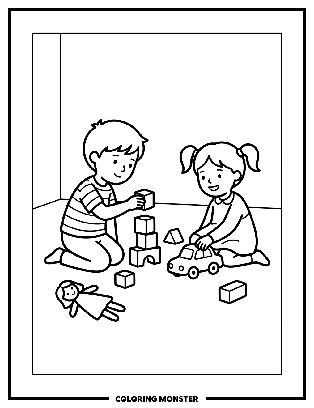 Brother and Sister Play Together Coloring Page
