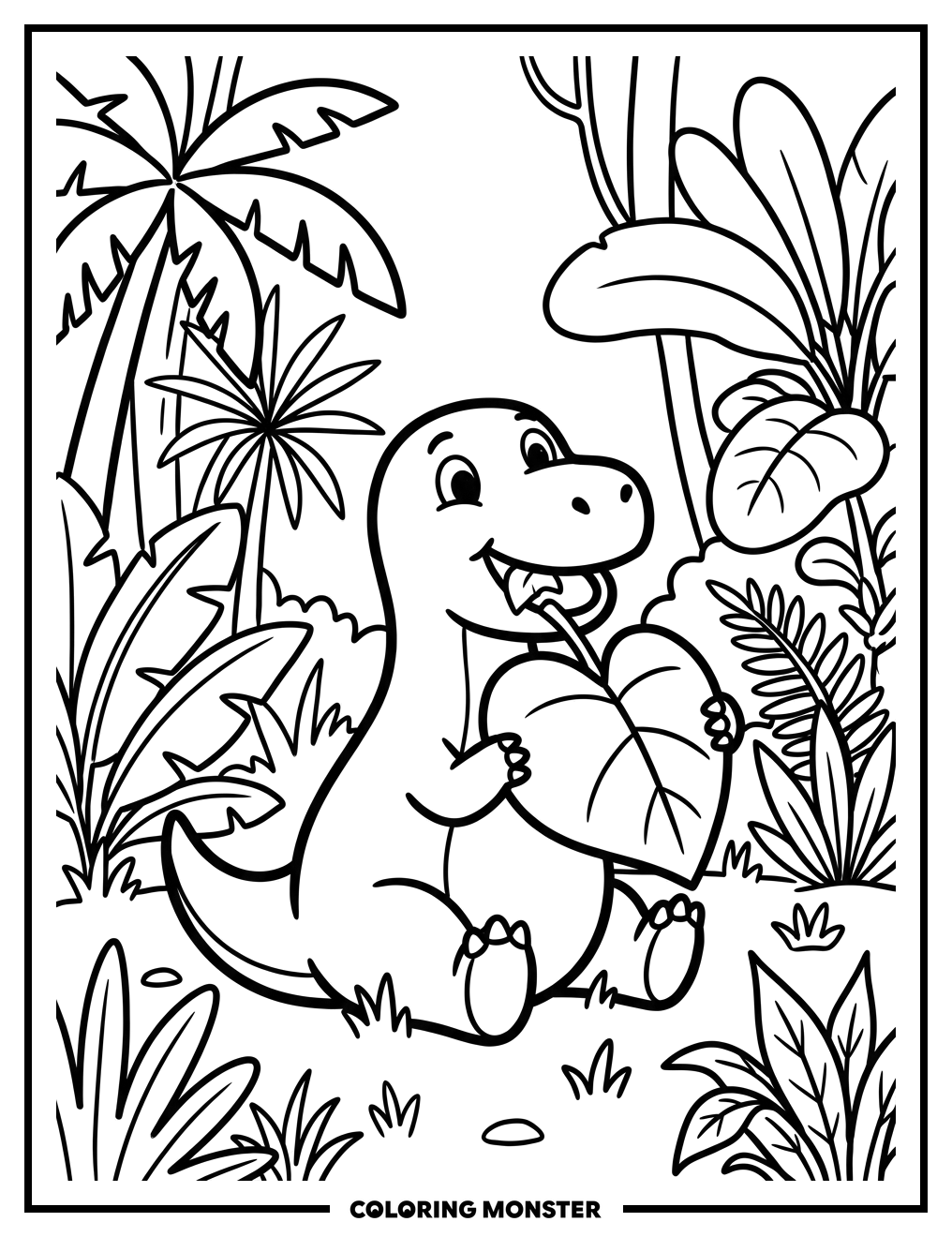 Bubba the Dinosaur Eats a Leaf Coloring Page