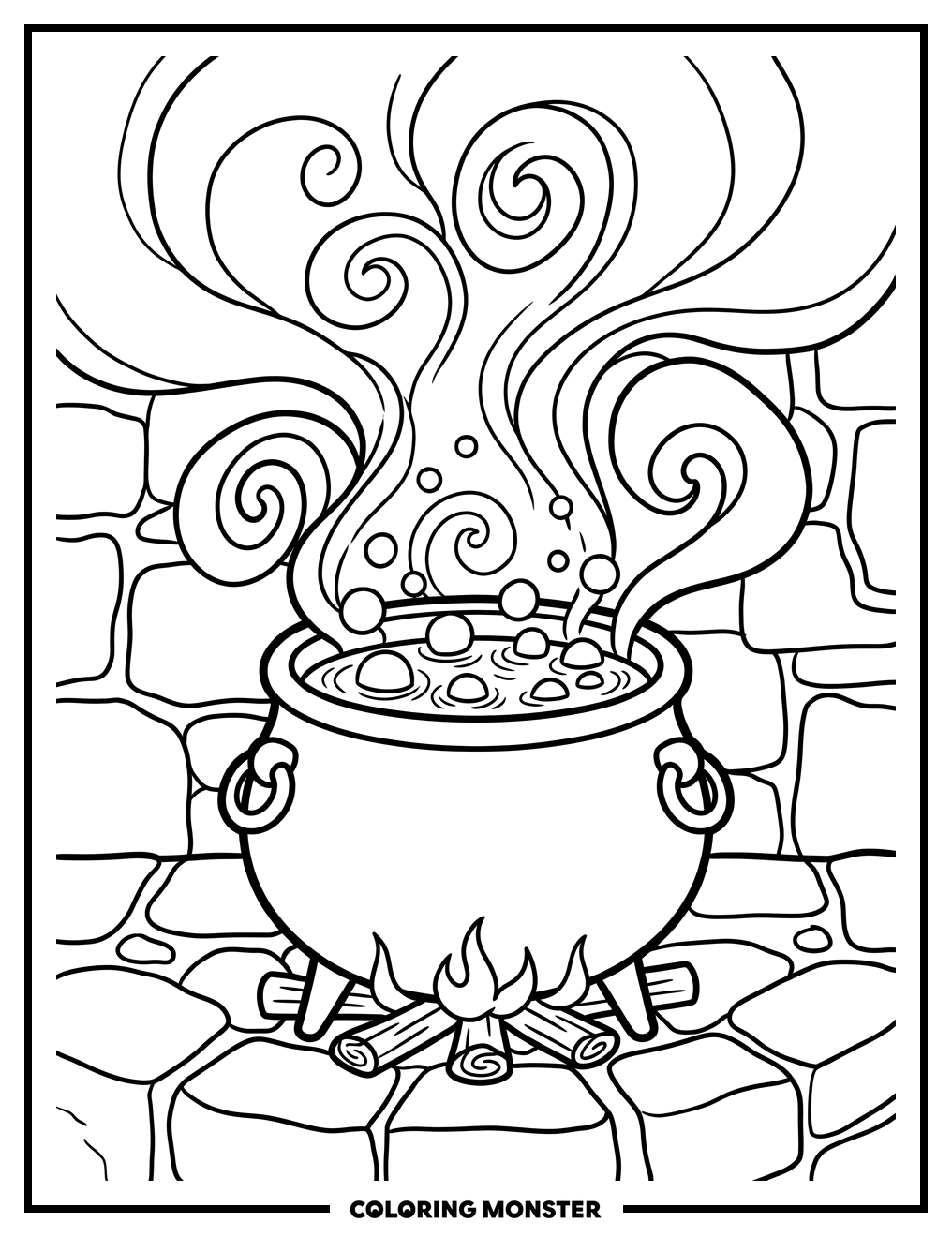 Bubbling Cauldron on Stone Hearth Coloring Page