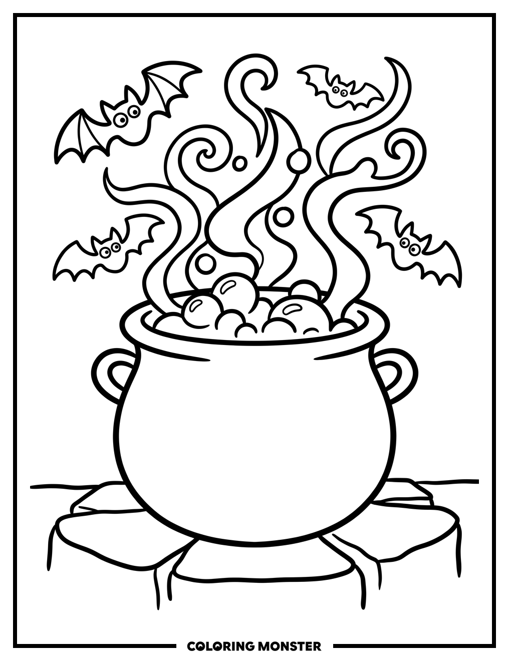 Bubbling Cauldron With Bats Coloring Page