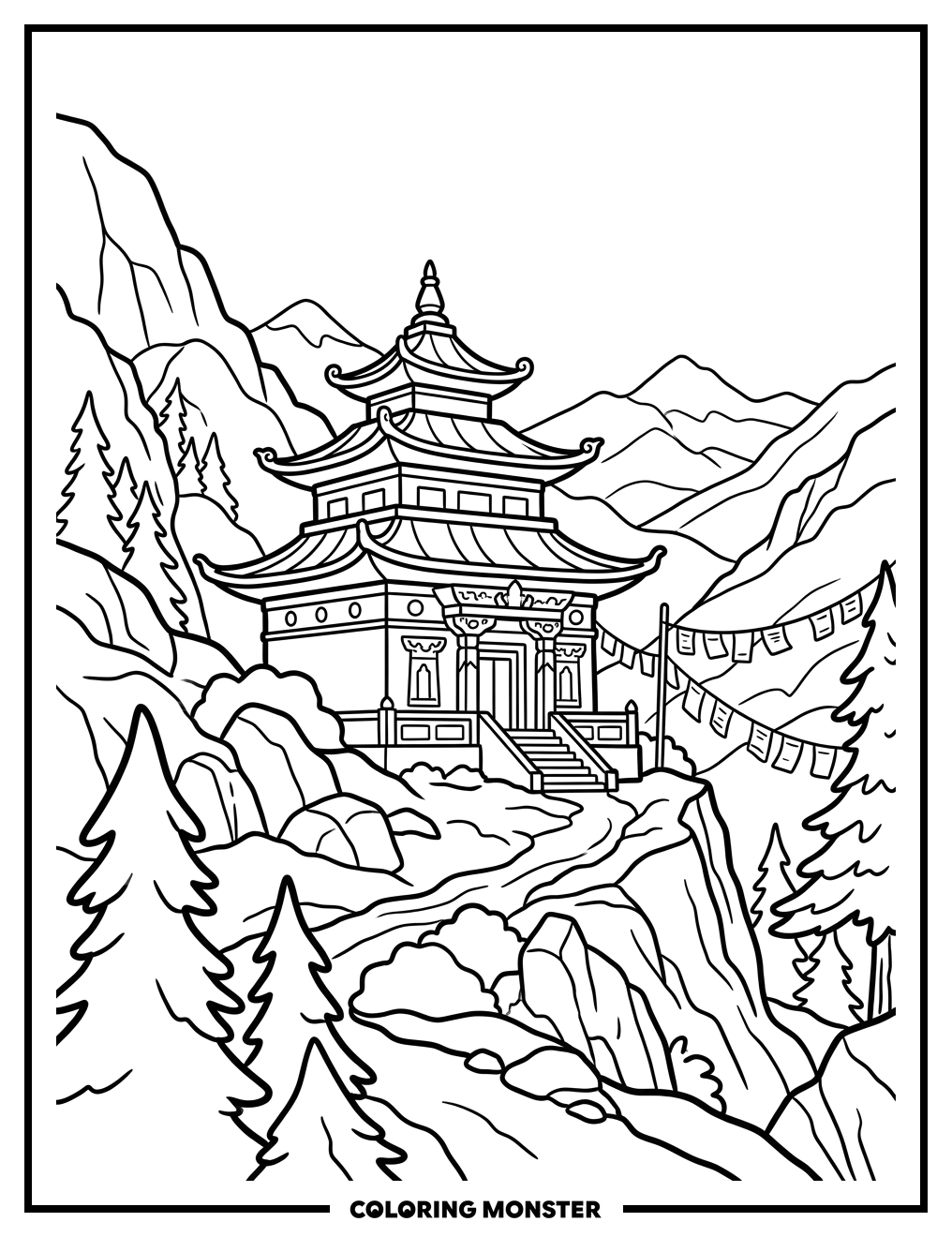 Buddhist Temple on Mountain Coloring Page
