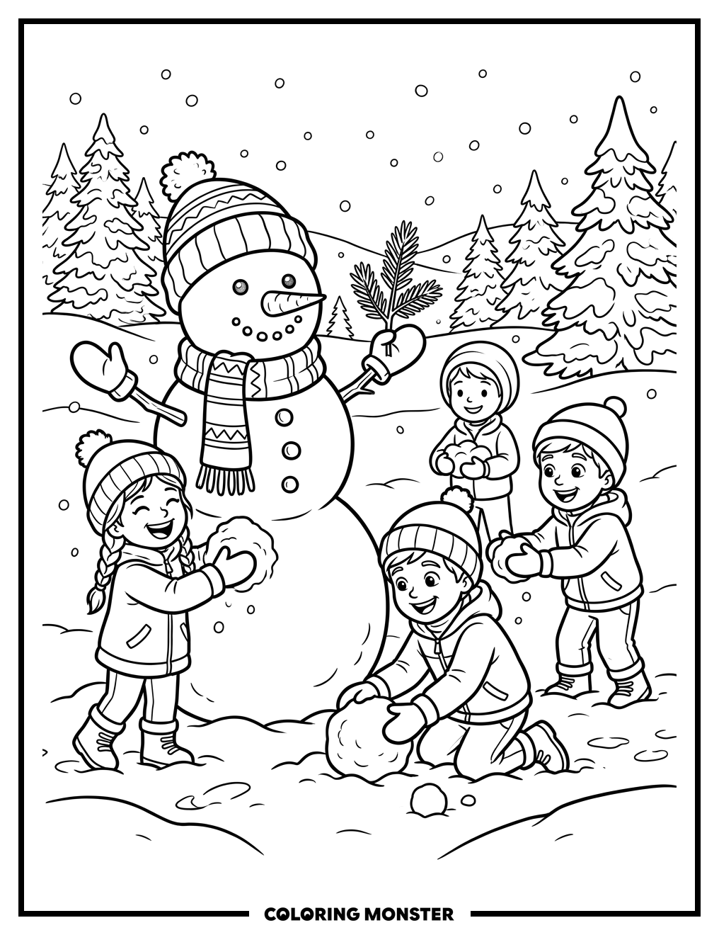 Building a Cheerful Snowman With Friends Coloring Page