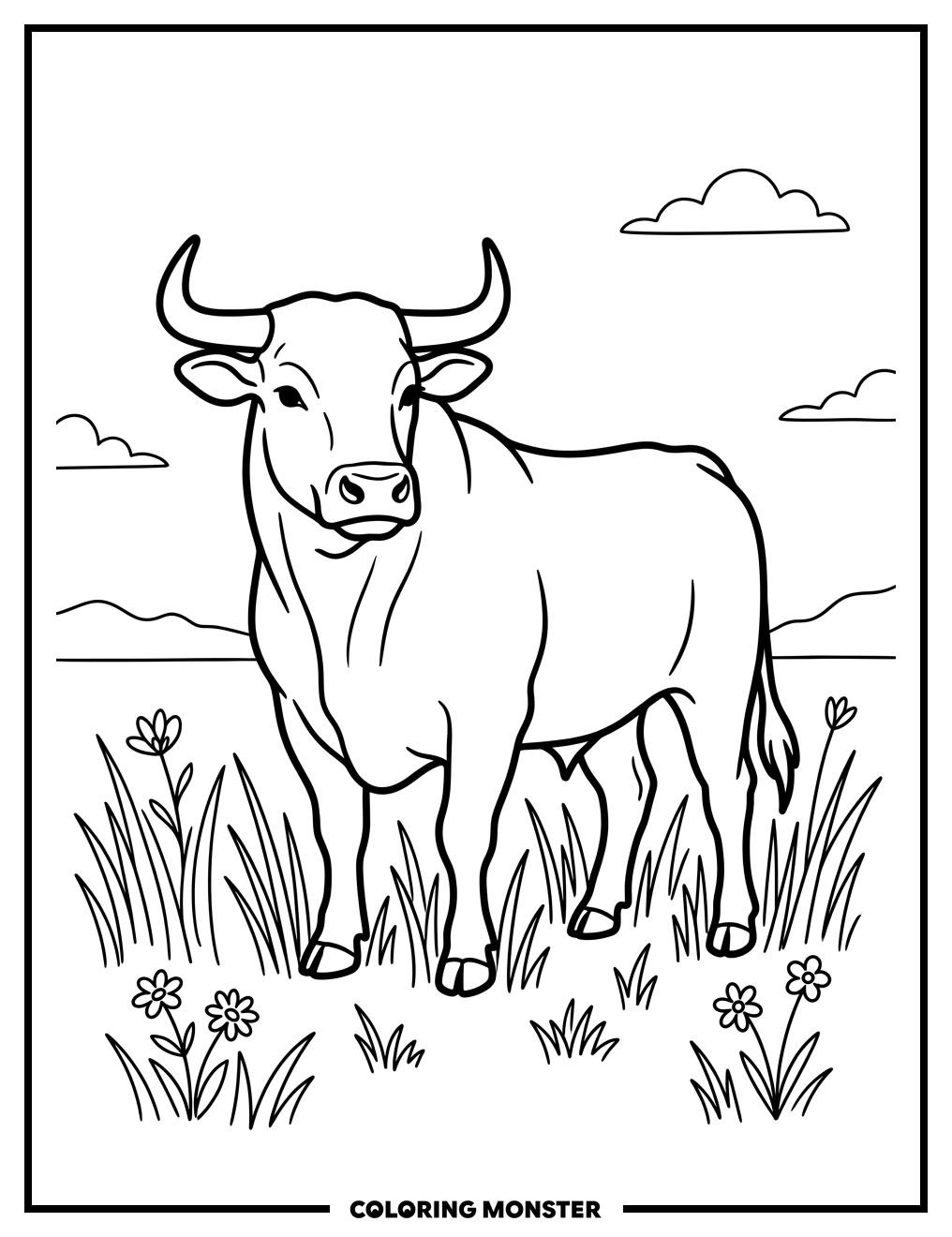 Bull in Grassy Pasture Coloring Page
