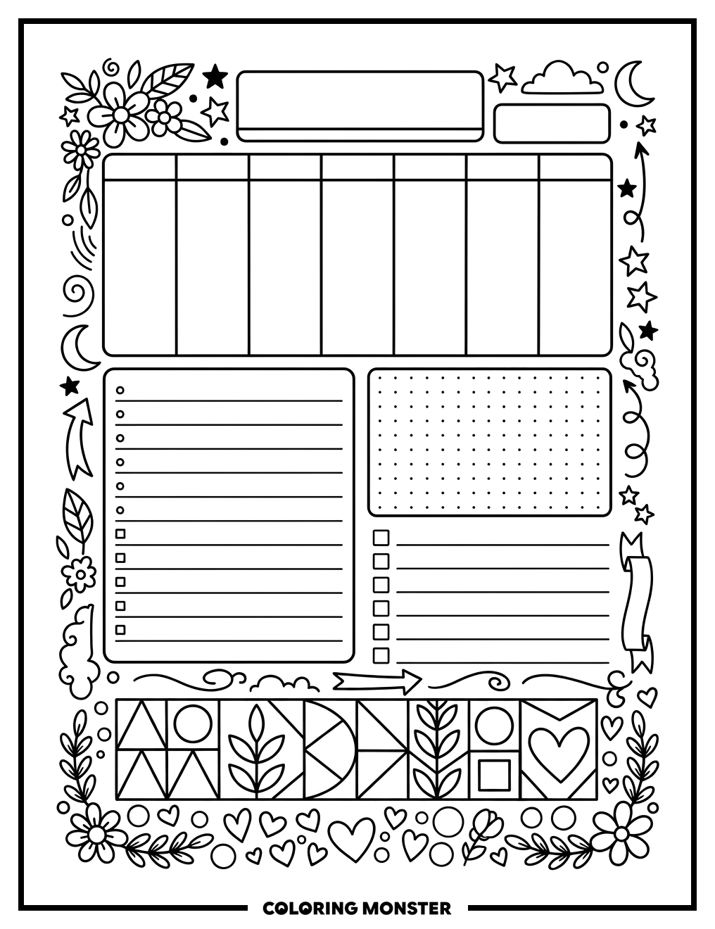 Bullet Journal Page Layout Coloring Page