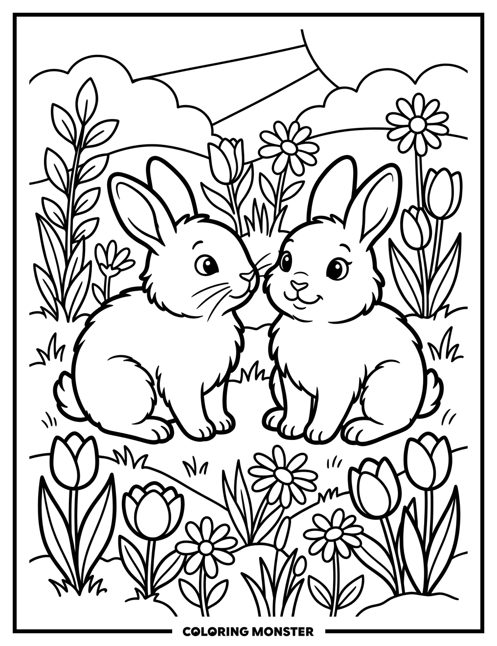 Bunnies in a Spring Garden Coloring Page