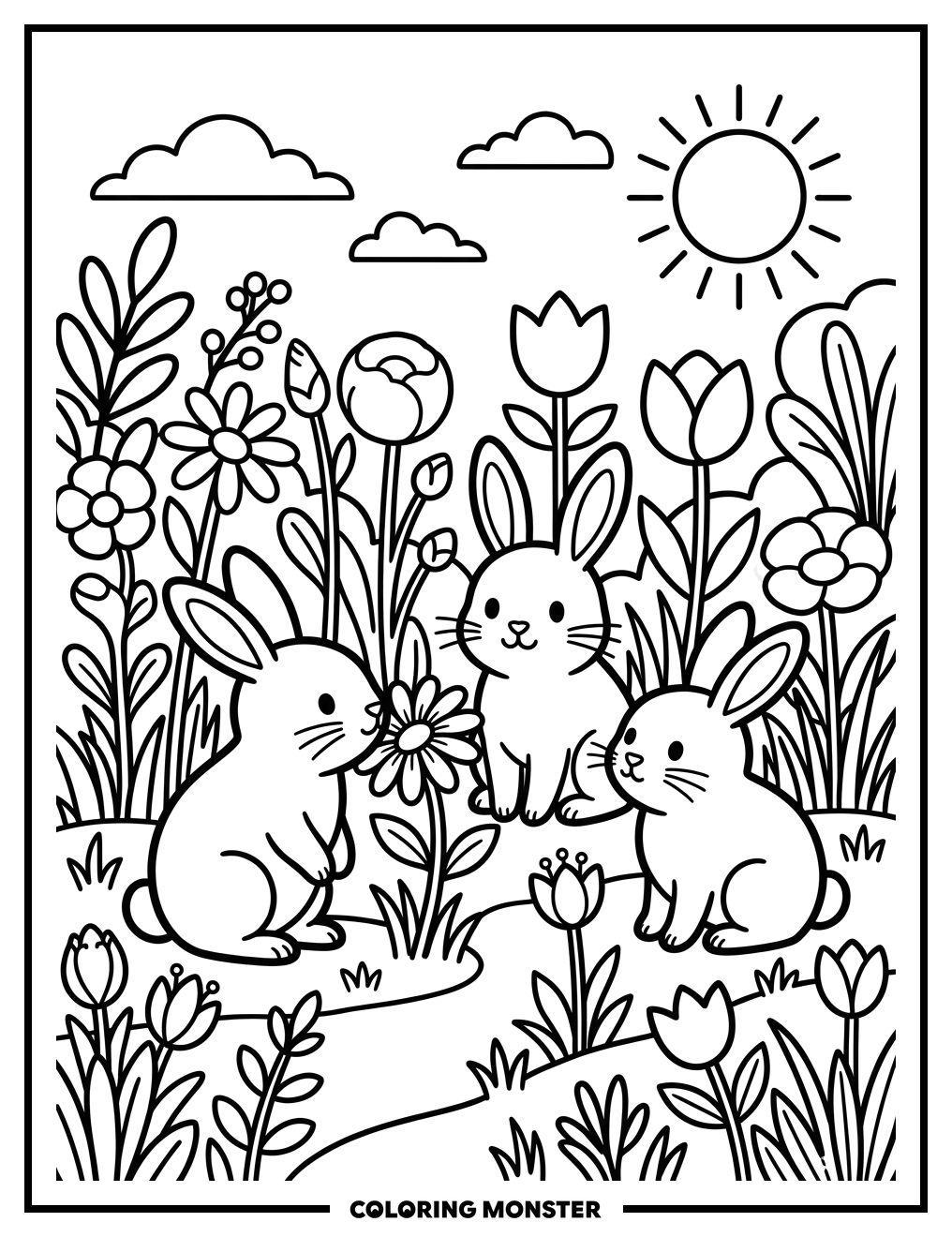 Bunnies in a Spring Garden Coloring Page