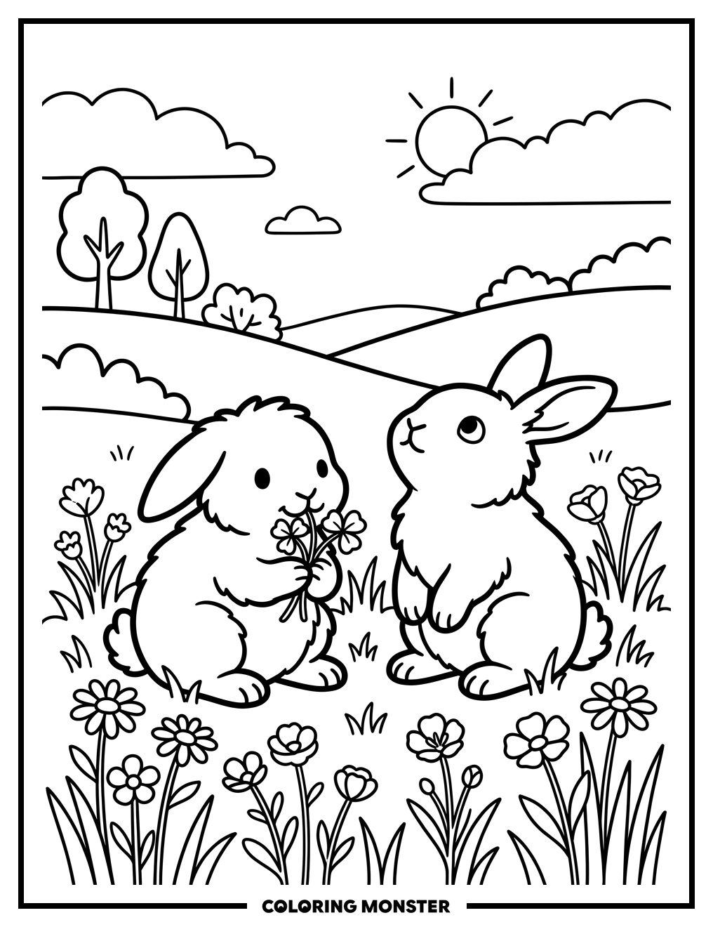 Bunnies in a Sunny Meadow Coloring Page