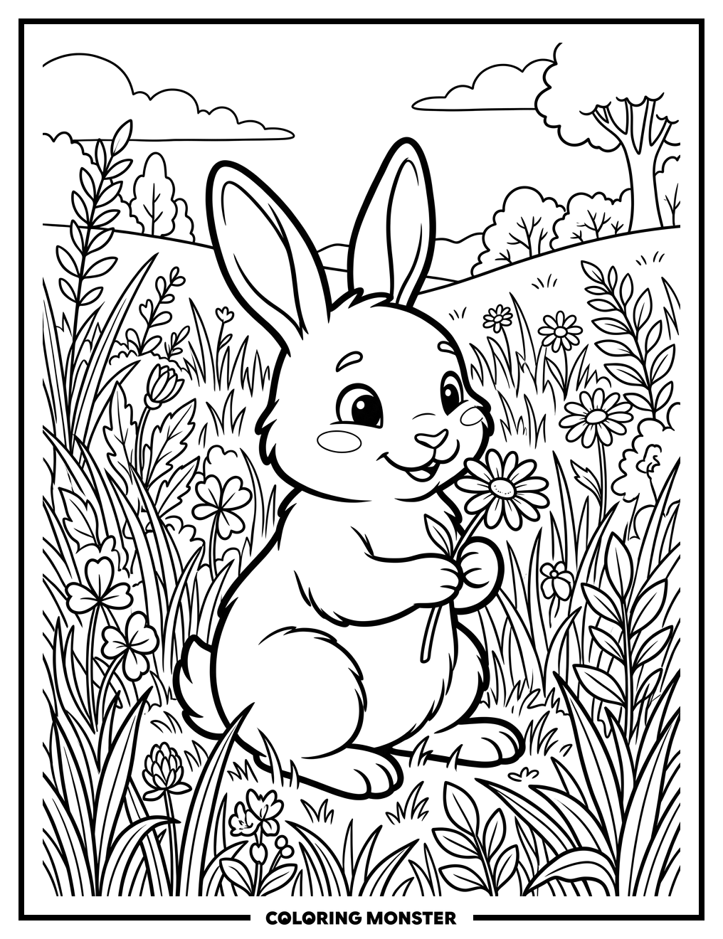 Bunny Admires A Daisy Coloring Page