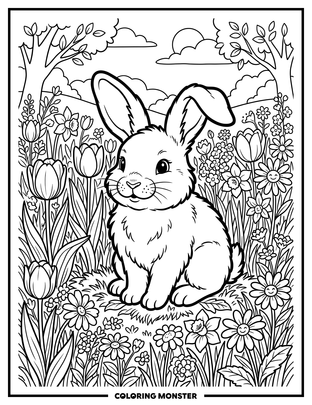Bunny Among Spring Flowers Coloring Page