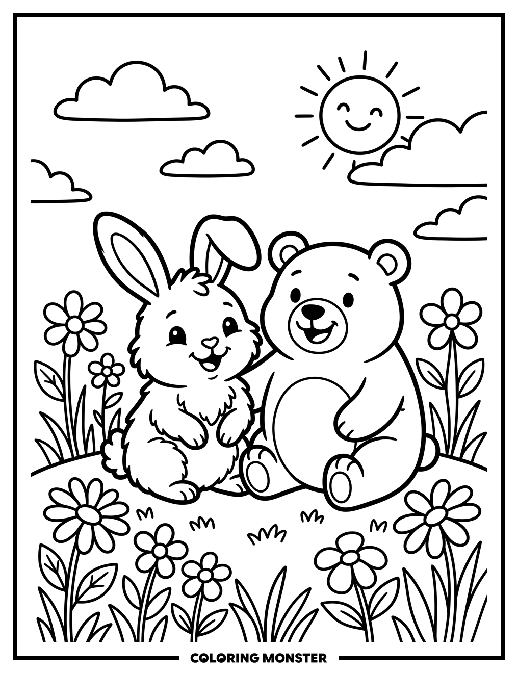 Bunny and Bear in Flower Field Coloring Page