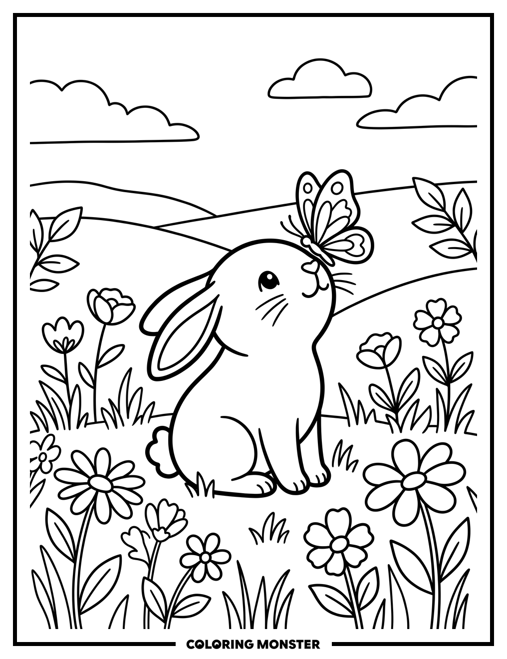 Bunny and Butterfly in Flower Field Coloring Page
