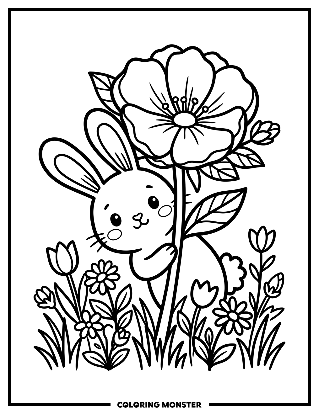 Bunny Behind Spring Flower Coloring Page