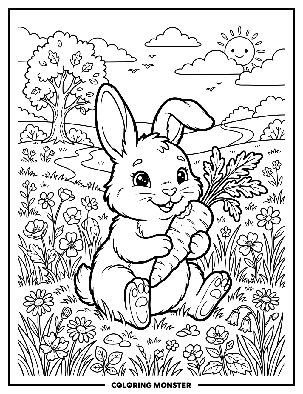Bunny Eating Carrot In Field Coloring Page