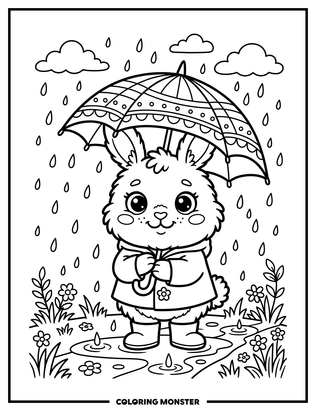 Bunny Holding Umbrella in Spring Rain Coloring Page