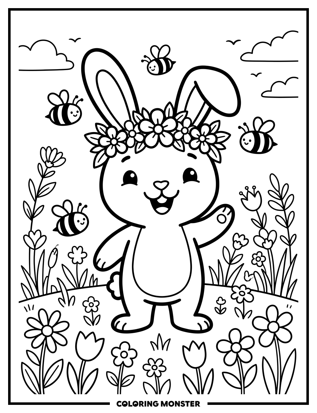 Bunny in a Field of Flowers Coloring Page