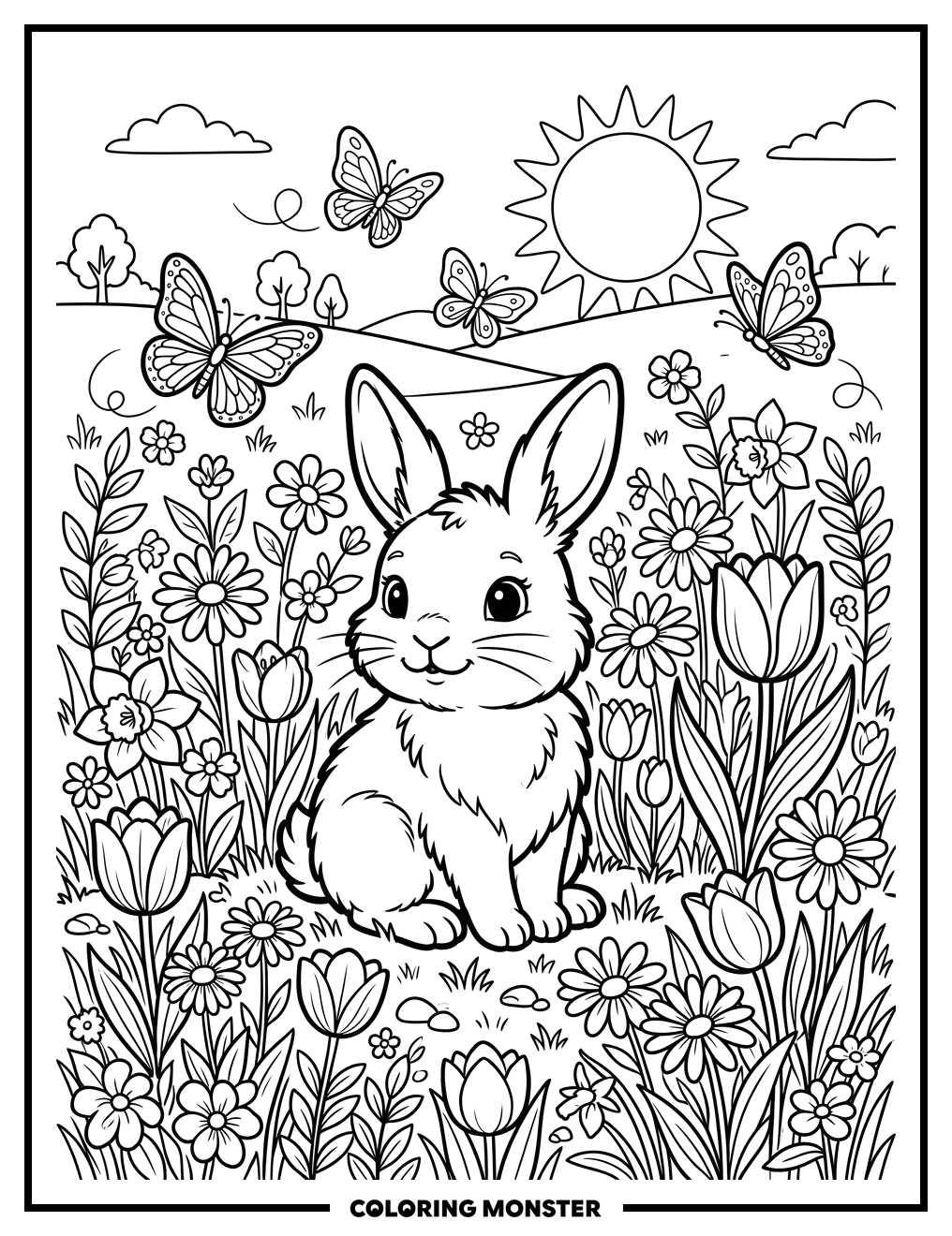 Bunny in a Field of Spring Flowers Coloring Page