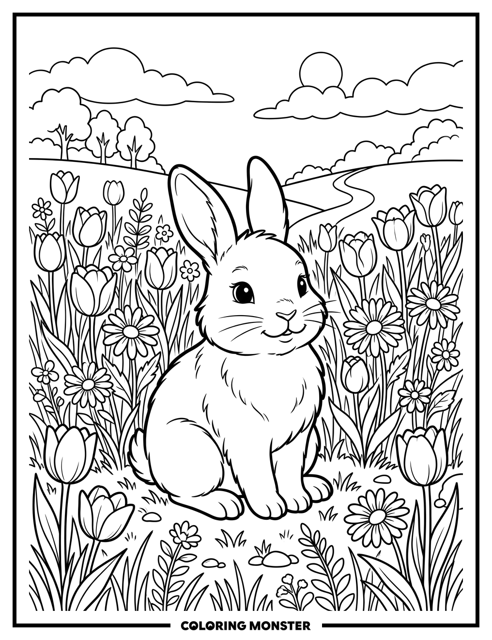 Bunny in a Field of Spring Flowers Coloring Page
