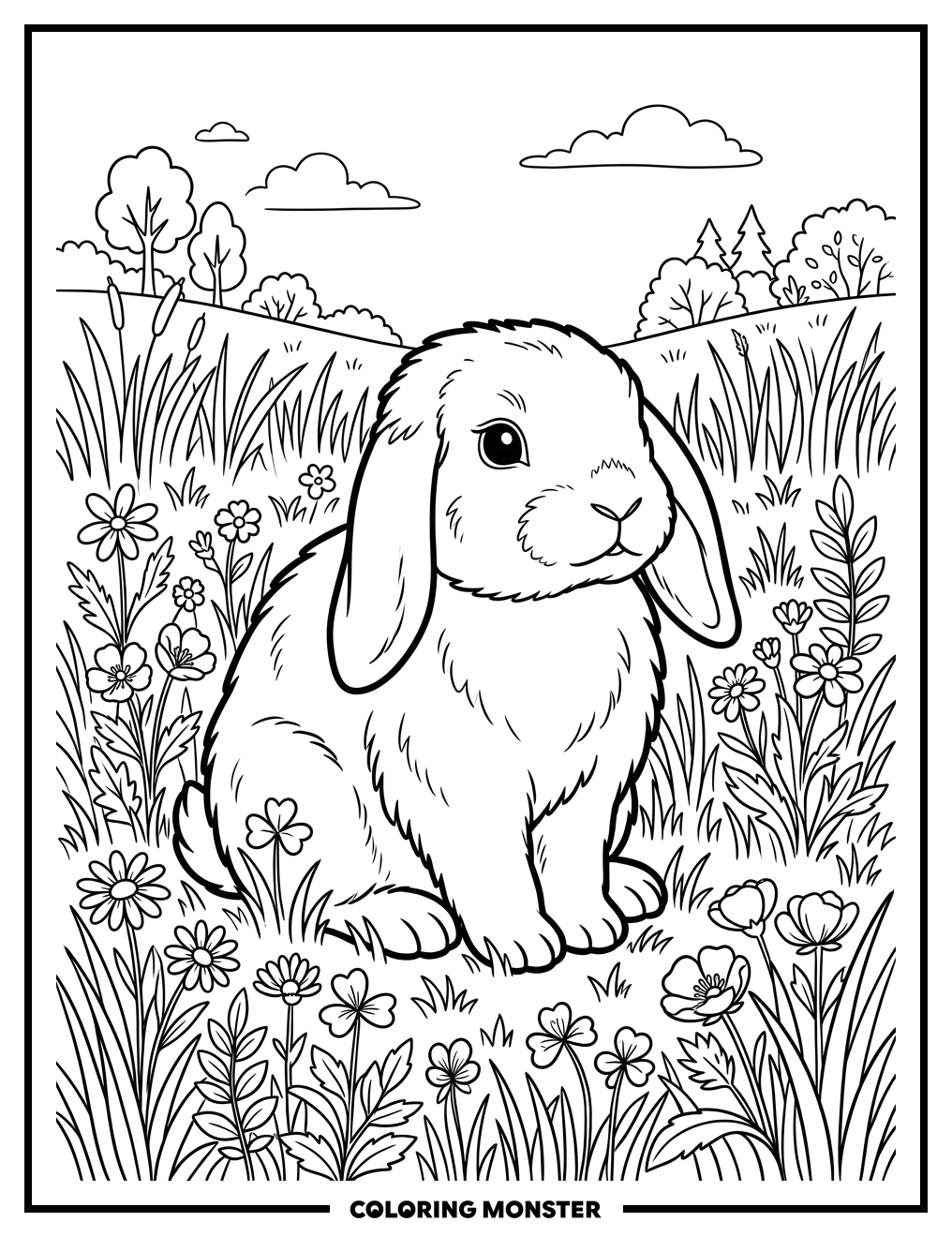 Bunny In A Field Of Wildflowers Coloring Page