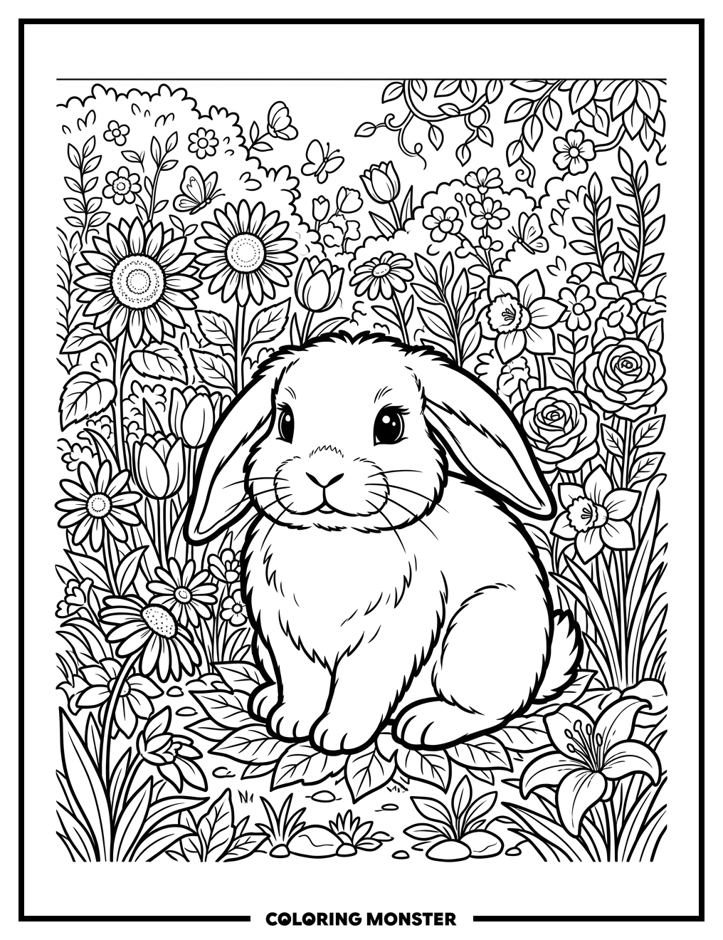 Bunny in a Flourishing Garden Coloring Page