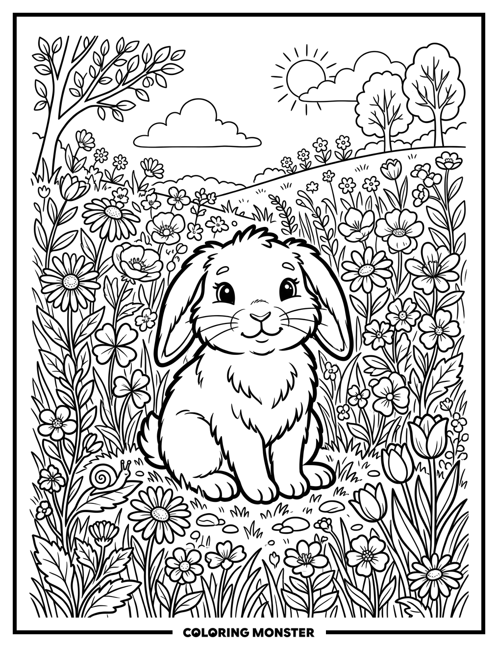 Bunny in a Sunny Meadow Coloring Page